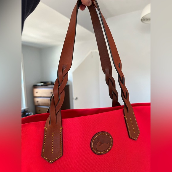 Dooney & Bourke Red Canvas Tote • Brown Leather Trim • Large Shoulder Bag - Picture 7 of 12